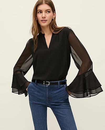 Ann Taylor Weekend Ruffle Blouse Size XS Black Women's