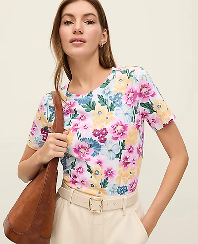 Ann Taylor Weekend Floral Crew Neck T-Shirt Women's