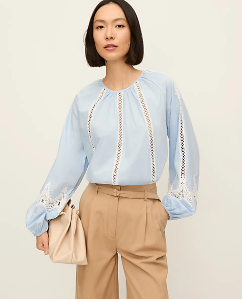 Ann Taylor Petite Lace Trim Blouse Cashmere Blue Women's