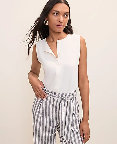 Ann Taylor Mixed Media Button Down Top Winter White Women's