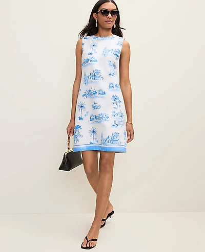 Ann Taylor Weekend Toile Shift Dress Linen Blend Wave Pool Women's