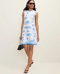Ann Taylor Weekend Toile Shift Dress Linen Blend Wave Pool Women's