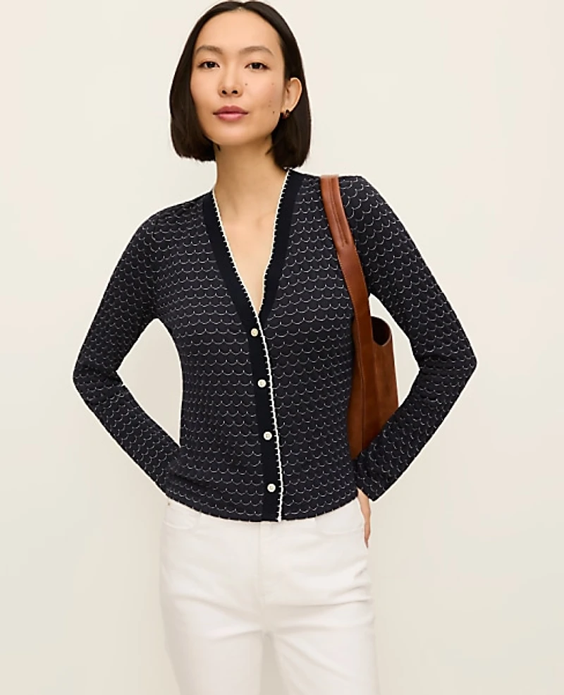 Ann Taylor Petite Scalloped V-Neck Cardigan Navy/Ivory Combo Women's