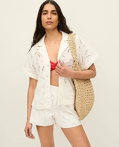 Ann Taylor Petite Embroidered Button Down Shirt Winter White Women's