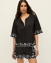 Ann Taylor Embroidered V-Neck Blouse Black Women's
