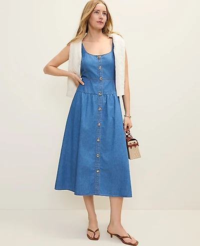 Ann Taylor Weekend Chambray Flare Midi Dress Light Indigo Wash Women's