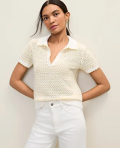 Ann Taylor Weekend Texture Stitch Polo Sweater Yellow Multi Women's