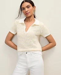 Ann Taylor Weekend Texture Stitch Polo Sweater Yellow Multi Women's