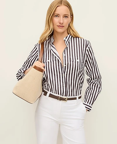 Ann Taylor Striped Oversized Pocket Shirt Charcoal/White Women's