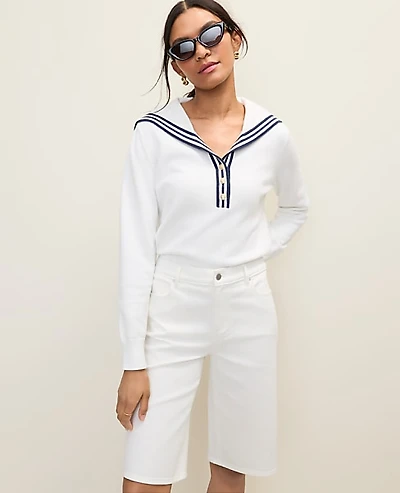 Ann Taylor Weekend Sailor Collar Sweater Size Small White Women's