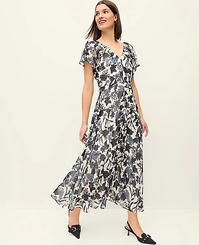 Ann Taylor Petite Floral Flutter Sleeve Midi Dress Night Sky Women's