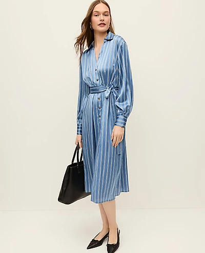 Ann Taylor Petite Striped Satin Midi Shirtdress Muted Sky Women's