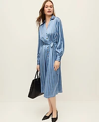 Ann Taylor Petite Striped Satin Midi Shirtdress Muted Sky Women's