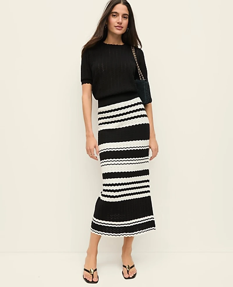 Ann Taylor Petite Striped Woven Midi Skirt Black Women's