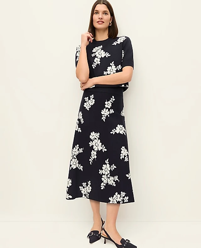 Ann Taylor Petite Floral Jacquard Midi Skirt Night Sky Women's
