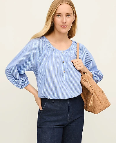 Ann Taylor Petite Striped Bubble Hem Top Size Medium Blue/White Combo Women's