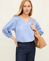 Ann Taylor Petite Striped Bubble Hem Top Size Medium Blue/White Combo Women's