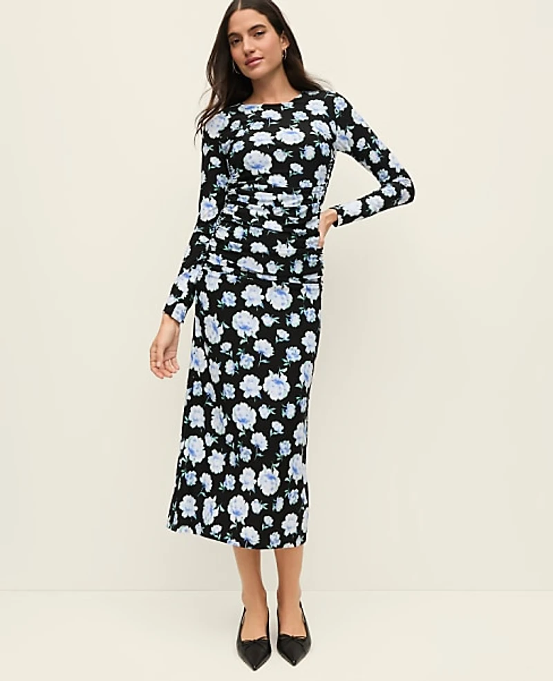 Ann Taylor Petite Floral Ruched Midi Dress Soft Cornflower Women's