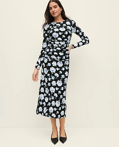 Ann Taylor Petite Floral Ruched Midi Dress Soft Cornflower Women's