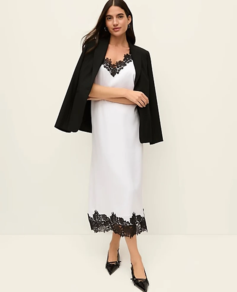 Ann Taylor Petite Lace Trim Satin Slip Midi Dress White Women's