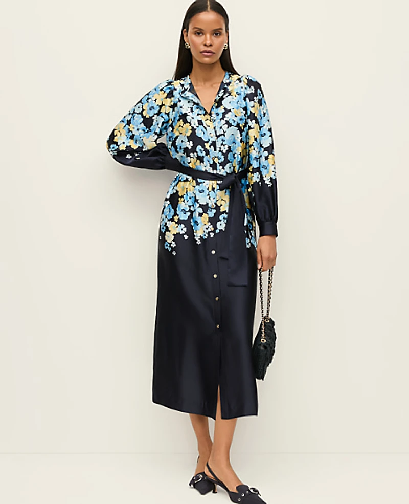 Ann Taylor Petite Floral Satin Midi Shirtdress Sky Gazing Women's