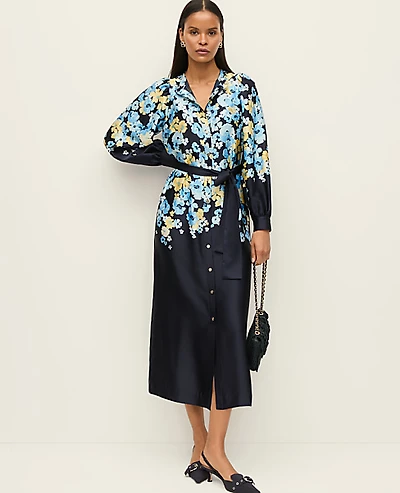 Ann Taylor Petite Floral Satin Midi Shirtdress Sky Gazing Women's