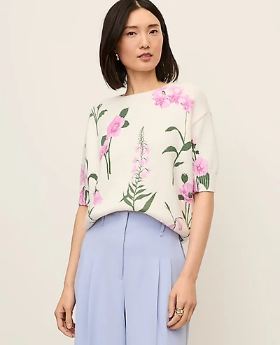 Ann Taylor Floral Jacquard Sweater T-Shirt Pink Women's