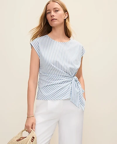 Ann Taylor Striped Tie Waist T-Shirt Coastline Blue Women's