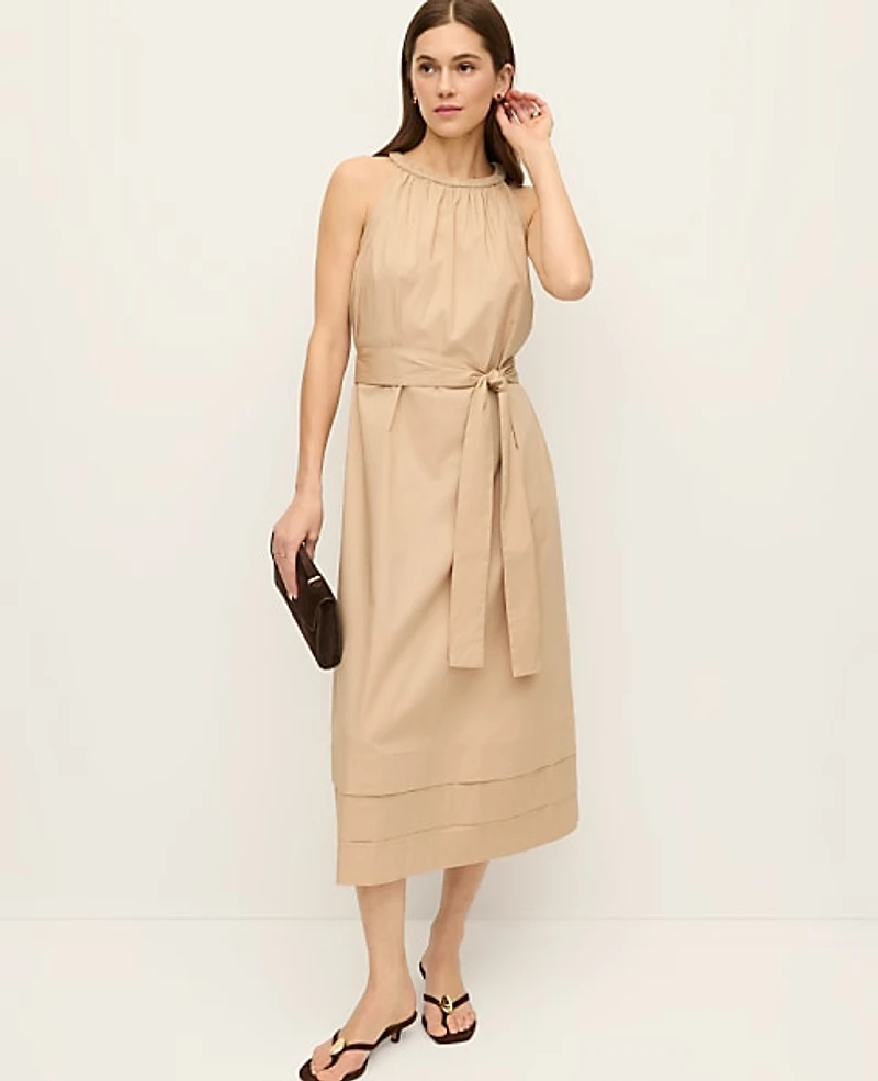 Ann Taylor Petite Halter Flare Midi Dress Cool Sesame Women's