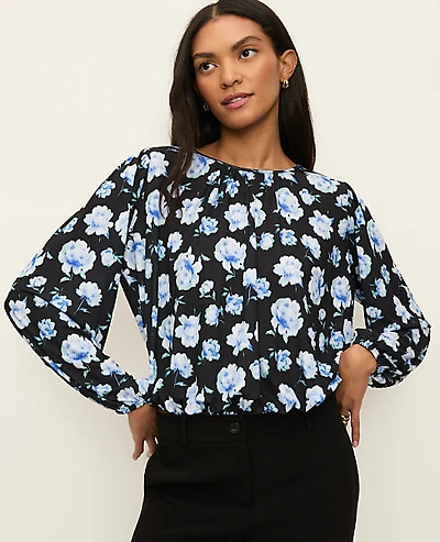 Ann Taylor Petite Floral Bubble Hem Top Soft Cornflower Women's