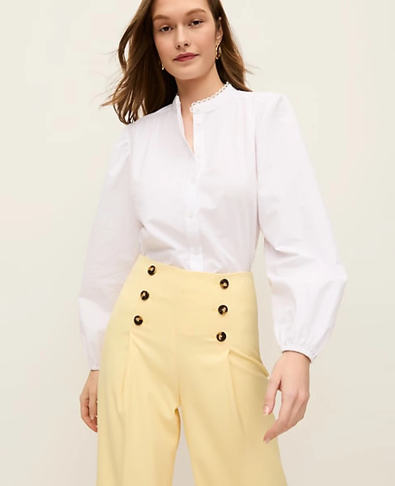 Ann Taylor Petite Embroidered Collar Blouse Size Large White Women's