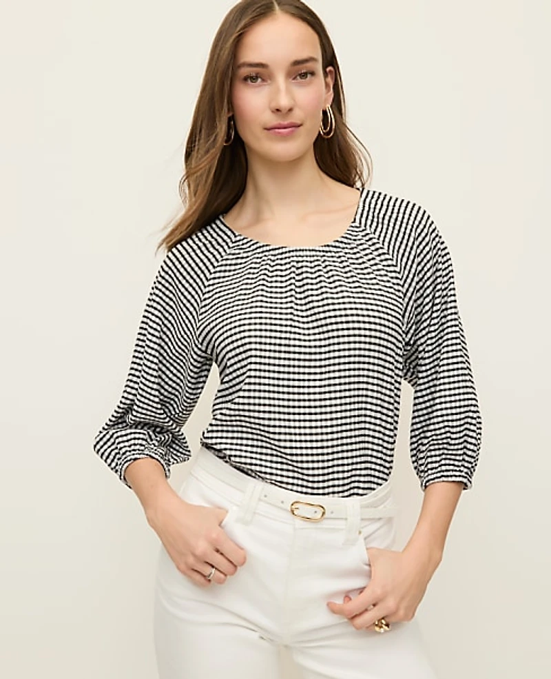 Ann Taylor Petite Gingham Raglan Blouse Black/White Combo Women's