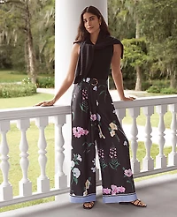 Ann Taylor The Petite Floral Pleated Wide-Leg Pant in Satin Size 2 Black Women's