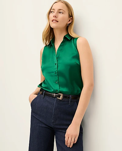 Ann Taylor Satin Sleeveless Essential Shirt Midnight Emerald Women's