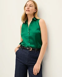 Ann Taylor Satin Sleeveless Essential Shirt Midnight Emerald Women's