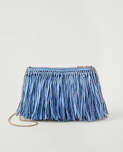 Ann Taylor Raffia Fringe Clutch Handbag Vista Blue Women's