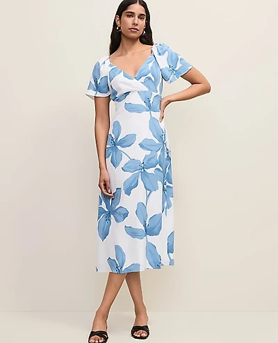 Ann Taylor Petite Floral Shirred Flare Midi Dress Size 00 Blue Women's