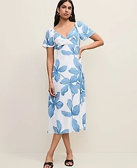 Ann Taylor Petite Floral Shirred Flare Midi Dress Size 00 Blue Women's