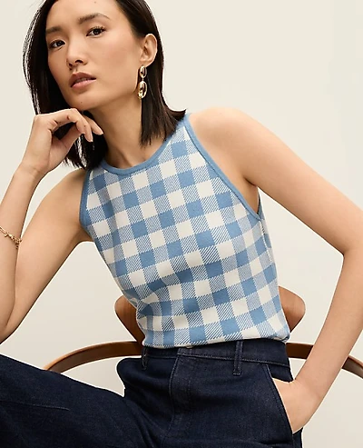 Ann Taylor Petite Gingham Halter Shell Top Sea Haze Women's
