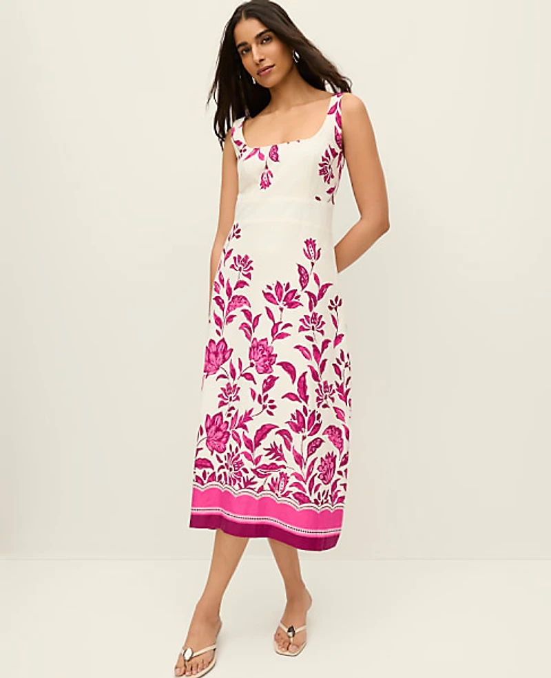Ann Taylor Petite Floral Linen Blend Midi Dress Pink B Women's