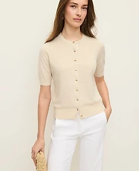 Ann Taylor Shell Top Button Short Sleeve Linen Cardigan Size XL Sand Shell Top Women's
