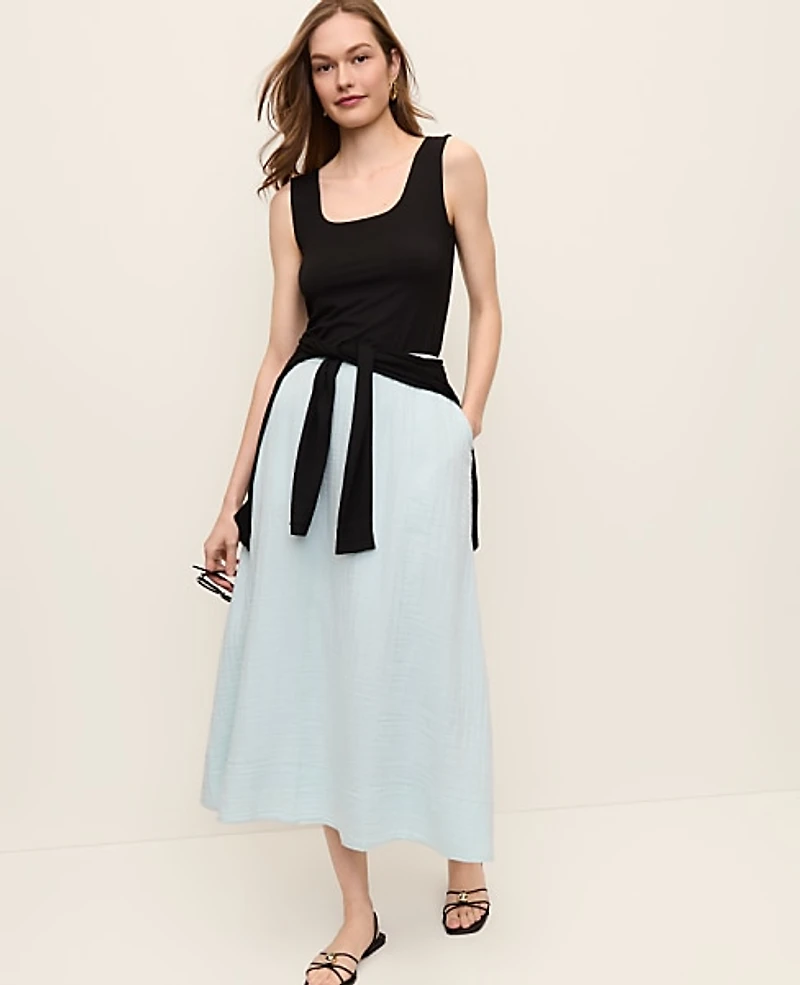 Ann Taylor Petite Cotton Gauze Drawstring Midi Skirt Mountain Air Women's