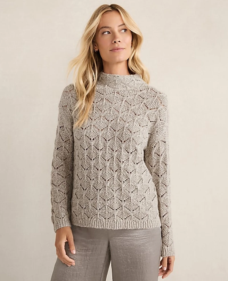 Ann Taylor Haven Well Within Lurex Blend Pointelle Crewneck Sweater Oyster Shell Top Women's