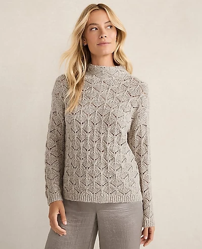 Ann Taylor Haven Well Within Lurex Blend Pointelle Crewneck Sweater Oyster Shell Top Women's