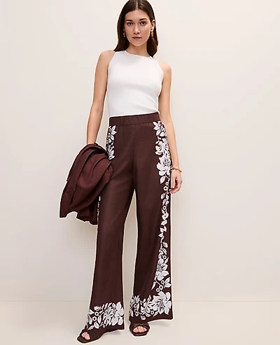 Ann Taylor The Petite Easy Wide-Leg Pant Floral Linen Blend Rich Walnut Women's