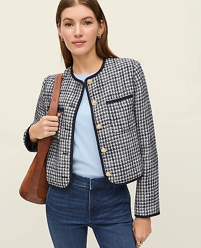 Ann Taylor Weekend Tweed Crew Neck Jacket Night Sky Women's