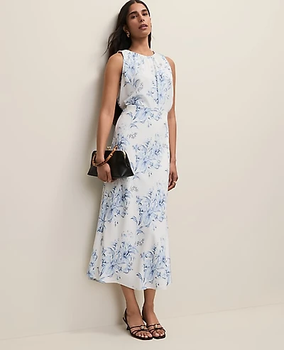 Ann Taylor Floral Bias Midi Slip Skirt White-Blue Women's