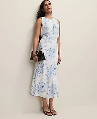Ann Taylor Floral Bias Midi Slip Skirt Size Large White-Blue Women's