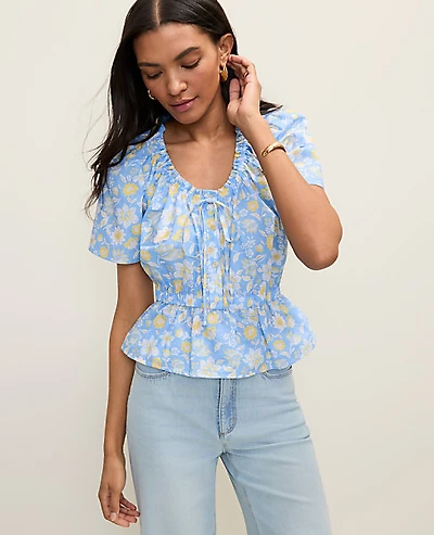 Ann Taylor Weekend Floral Gathered Peplum Blouse Vista Blue Women's