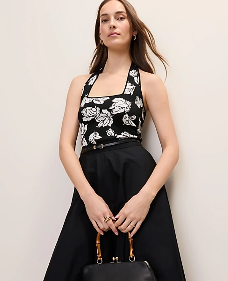 Ann Taylor Petite Floral Jacquard Halter Sweater Top Ww-Black Women's